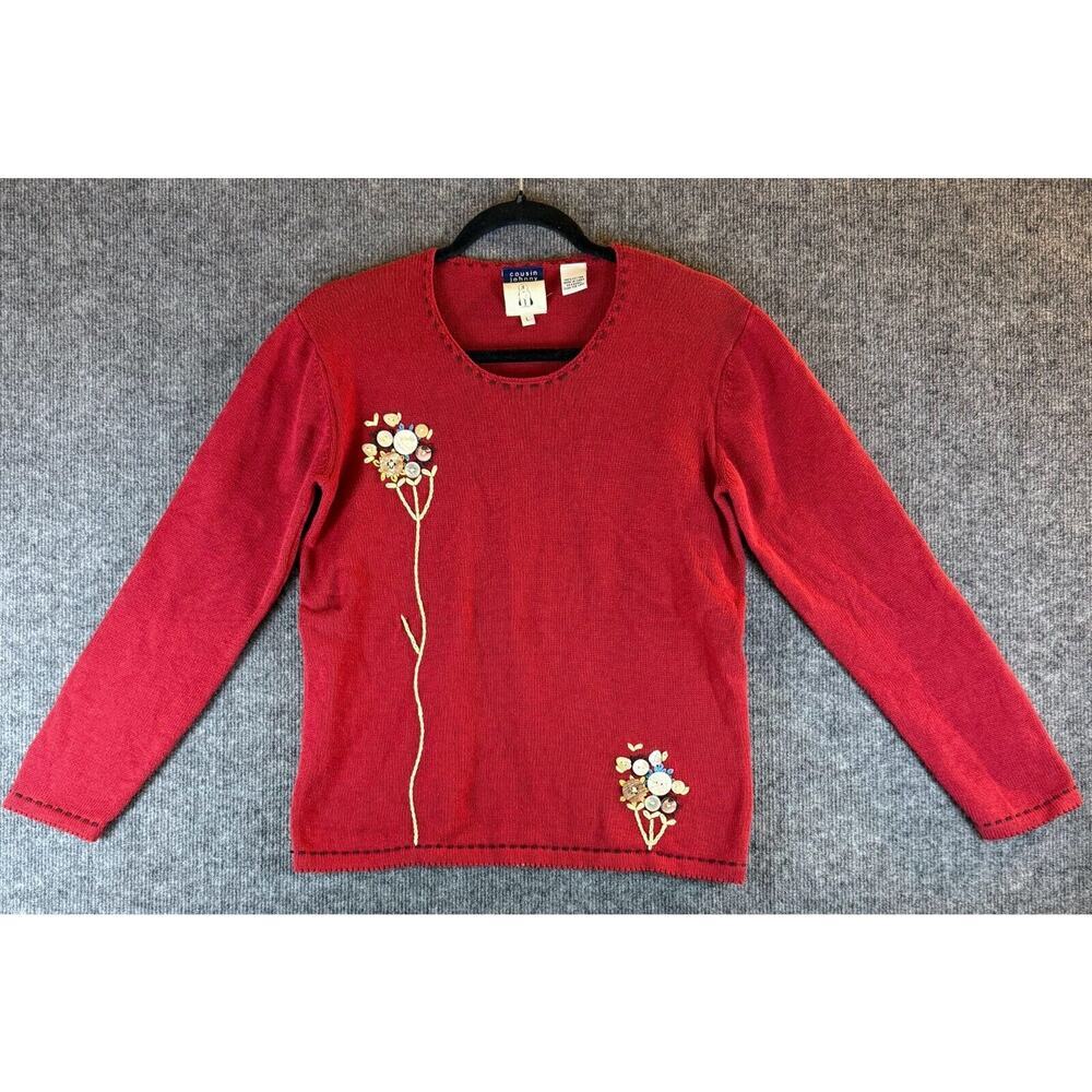 Cousin Johnny Womens Large Red Embroidered‎ Cotton Cardigan Sweater Button Front